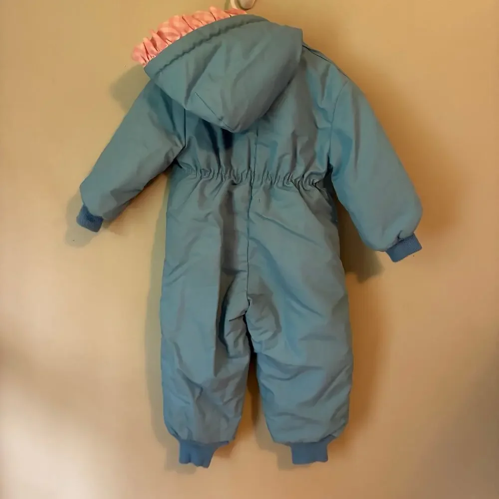 Weather Tamer Snowsuit Girls 24M Vintage Blue Pink Gingham Ruffle Made In USA